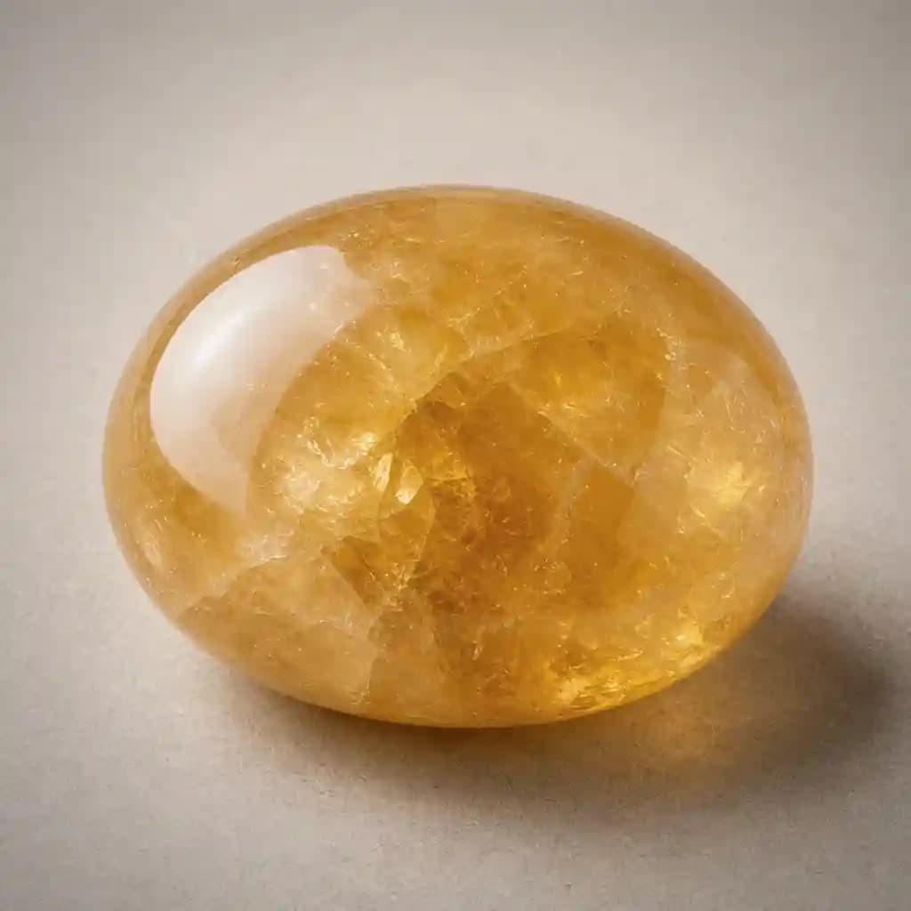 Polished citrine stone with smooth rounded shape, golden yellow semi-translucent body, and warm internal glow