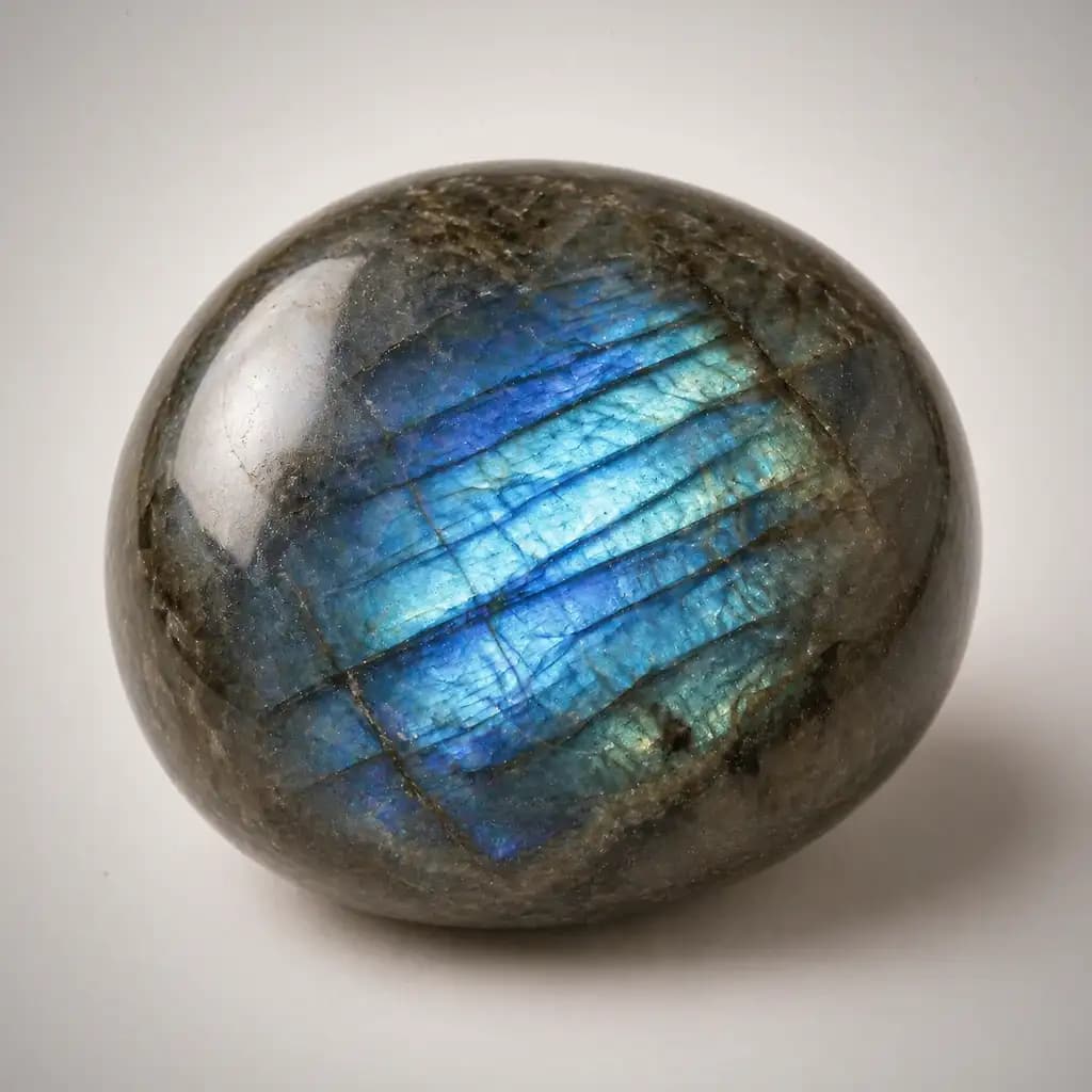 Polished labradorite stone with smooth rounded shape, grey body, and vivid iridescent flash across the surface