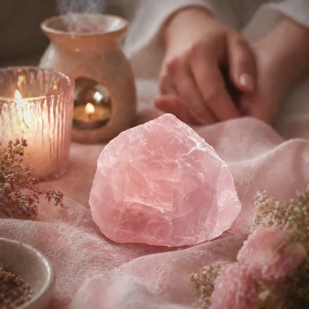 Rose quartz arranged in a quiet meditation setting